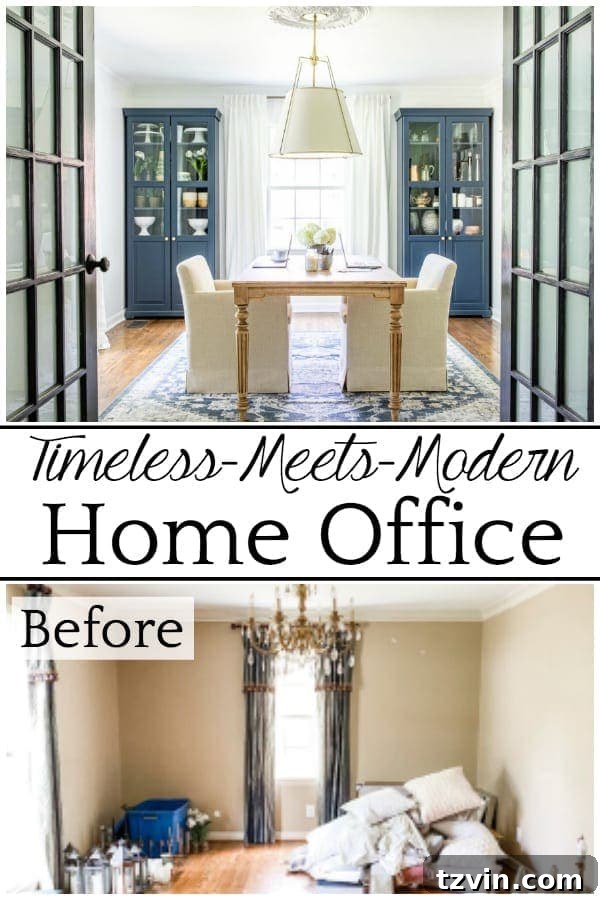 Our Home Office Transformation Unveiled 15 Pinterest pin graphic: Timeless Meets Modern Home Office. An outdated dining room gets converted to a light and bright home office with a timeless new look and functional storage, featuring a beautiful interior shot.