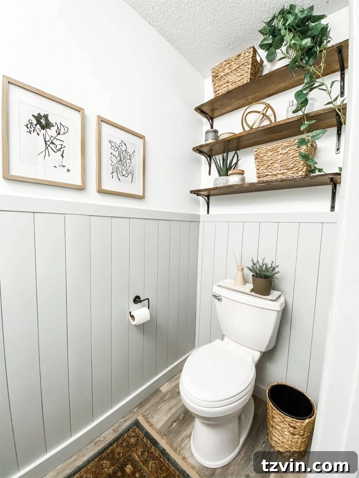 Bathroom shelving above toilet styled with plants and decor for functionality and style