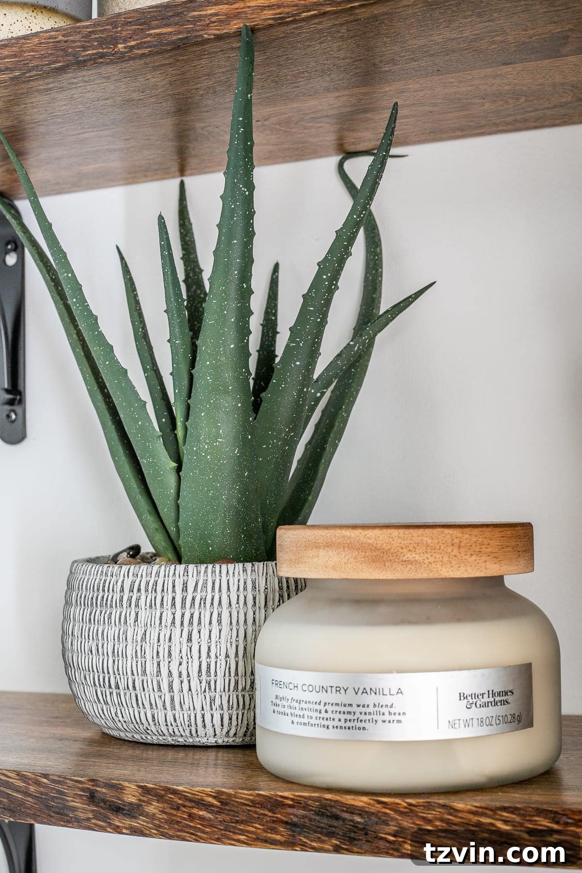 Artificial aloe plant and a scented candle, enhancing the peaceful atmosphere