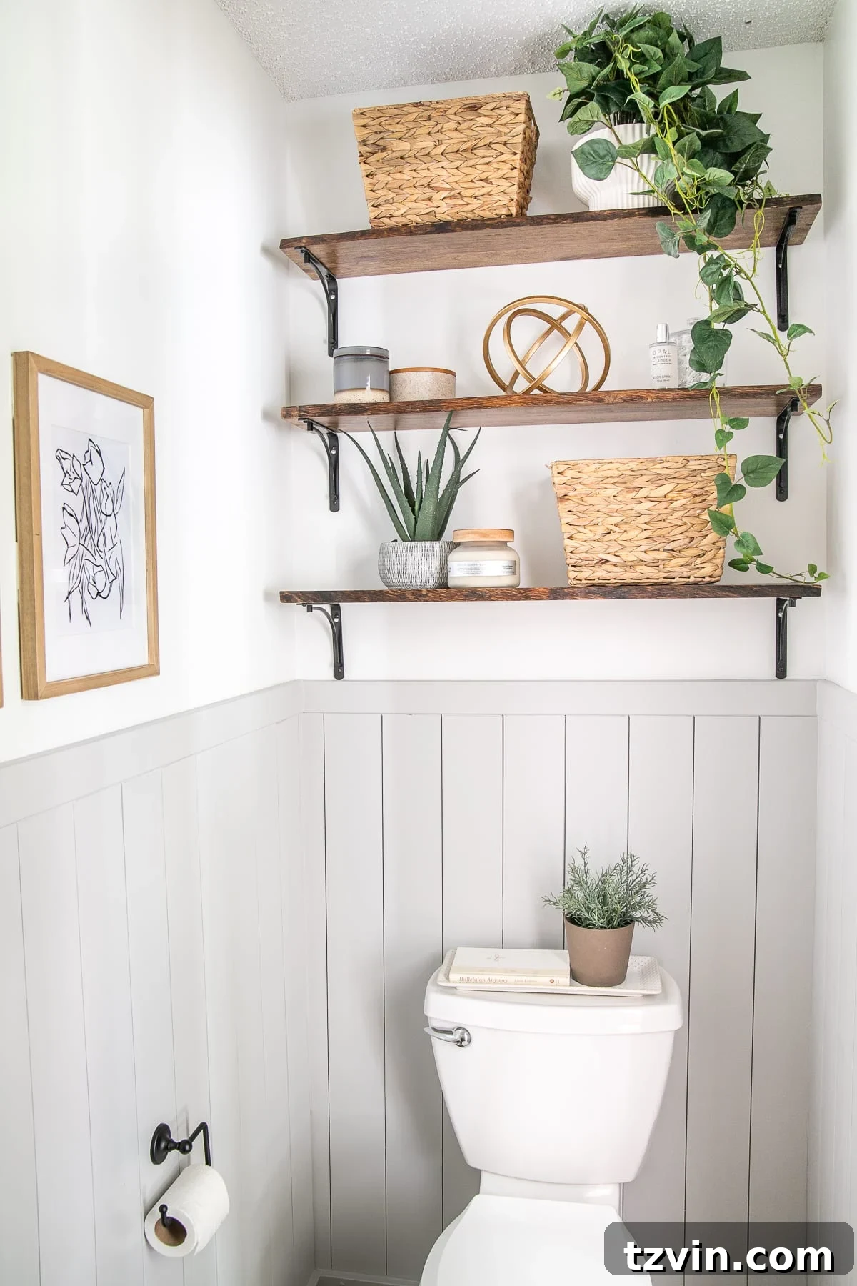 Shelves above toilet in a small bathroom, perfectly styled for storage and aesthetics