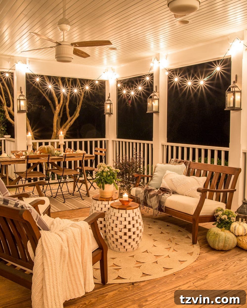 Fall Home Comforts: DIY Inspiration 6 back porch decorated for fall with string lights to create a cozy home