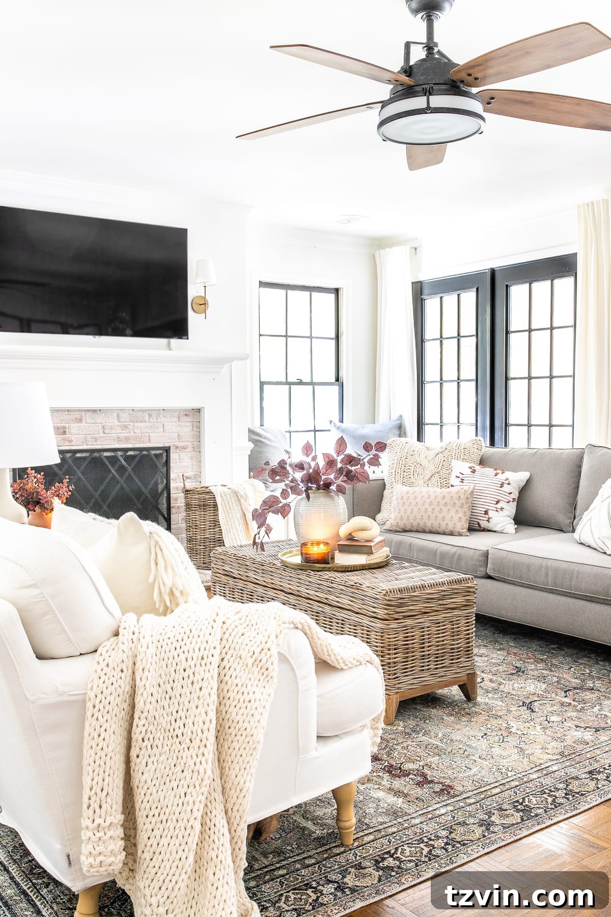 fall living room with fall leaves and vintage style rug