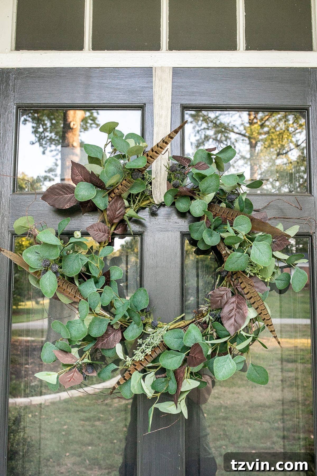 DIY Eucalyptus and Feather Autumn Wreath 5 Early fall wreath with eucalyptus, blue thistle, and pheasant feathers