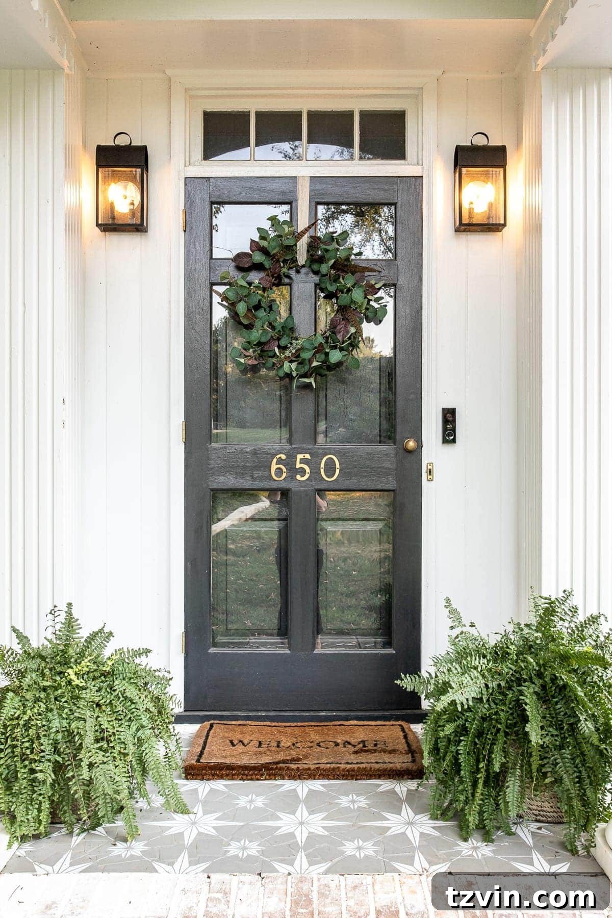 DIY Eucalyptus and Feather Autumn Wreath 6 Front porch decorated for early fall with DIY wreath and stenciled floor