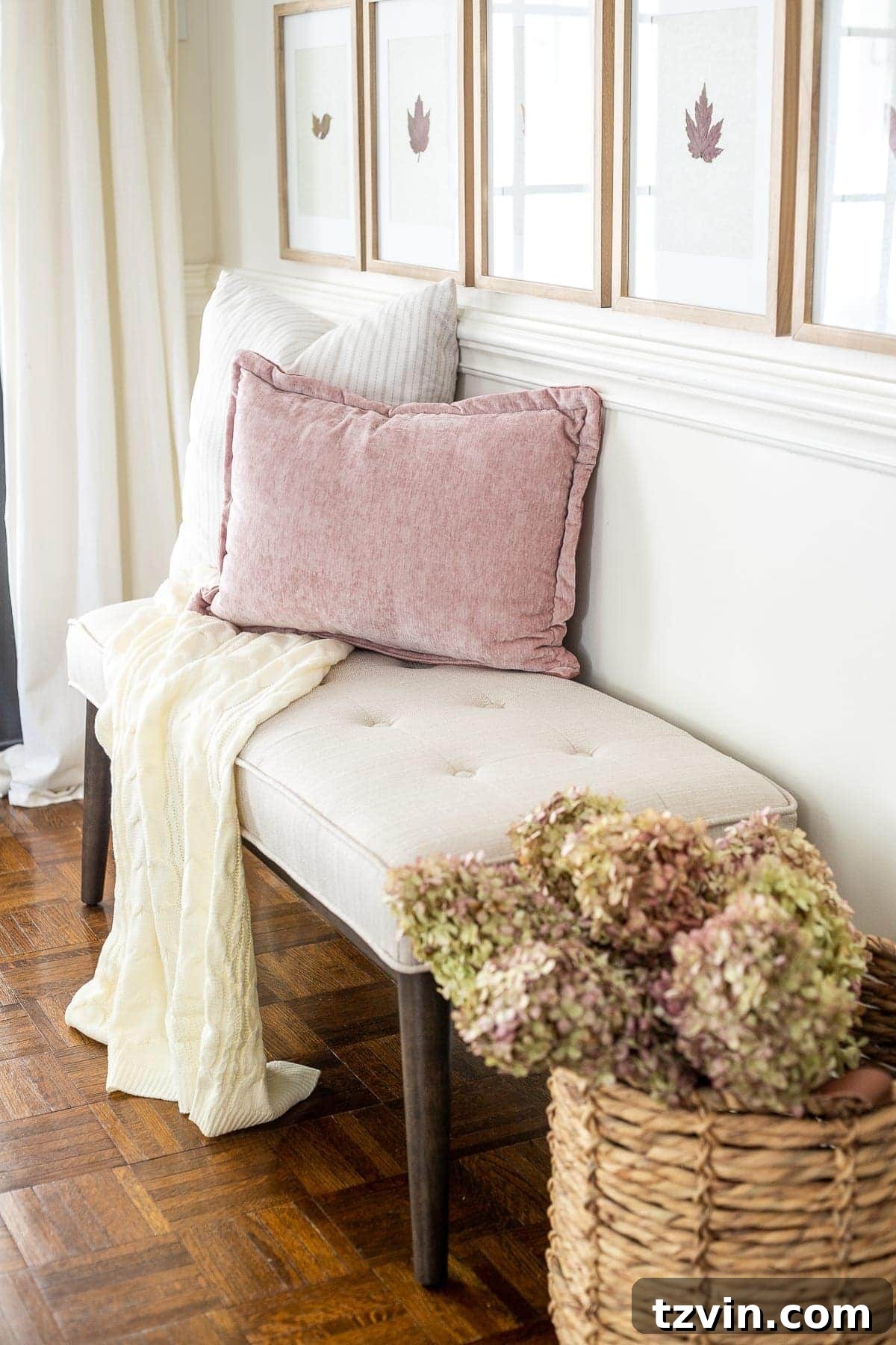 dried hydrangeas entryway bench and blush pillow