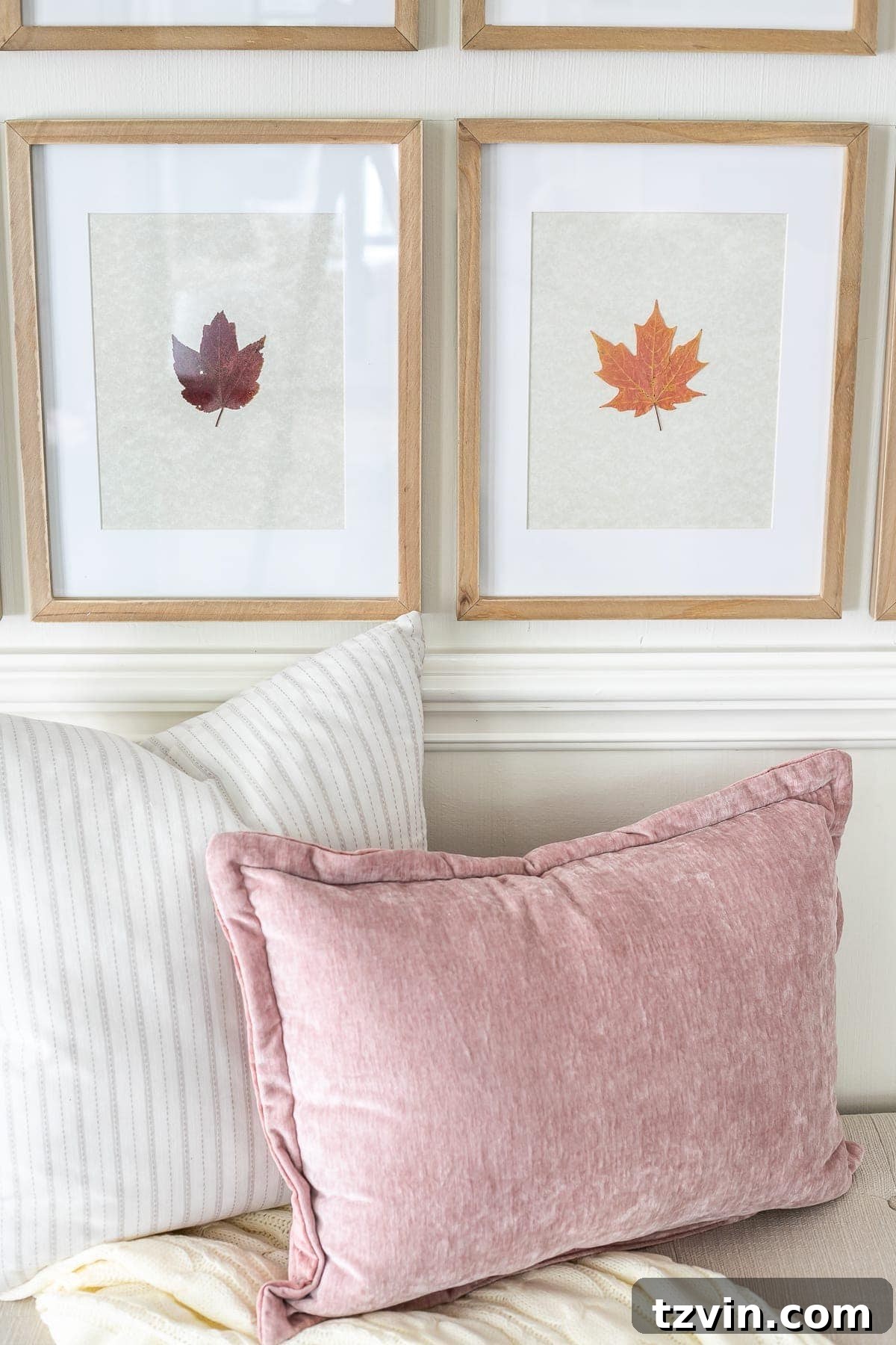 pressed fall leaves framed and neutral and blush throw pillows