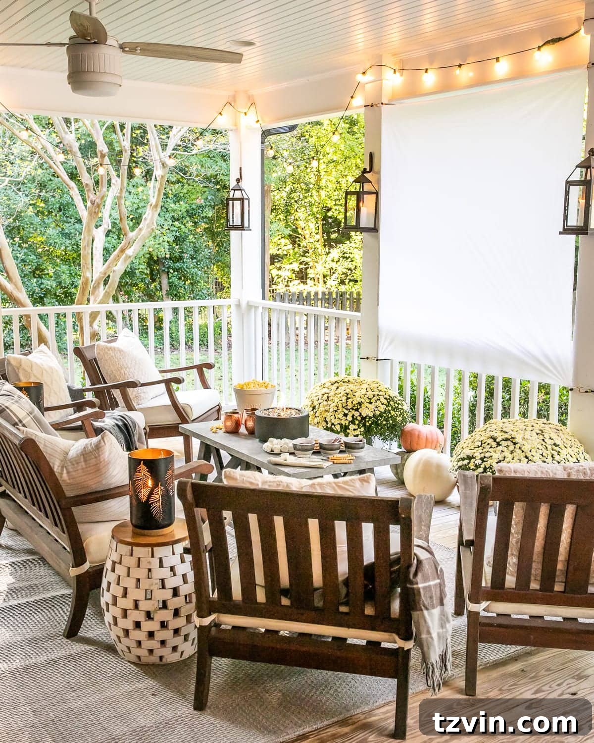 Fall Porch Magic: DIY Outdoor Movie Nights and Smores Bar 17 DIY Outdoor Movie Screen and DIY S'mores Table on Fall Back Porch, with mums and pumpkins