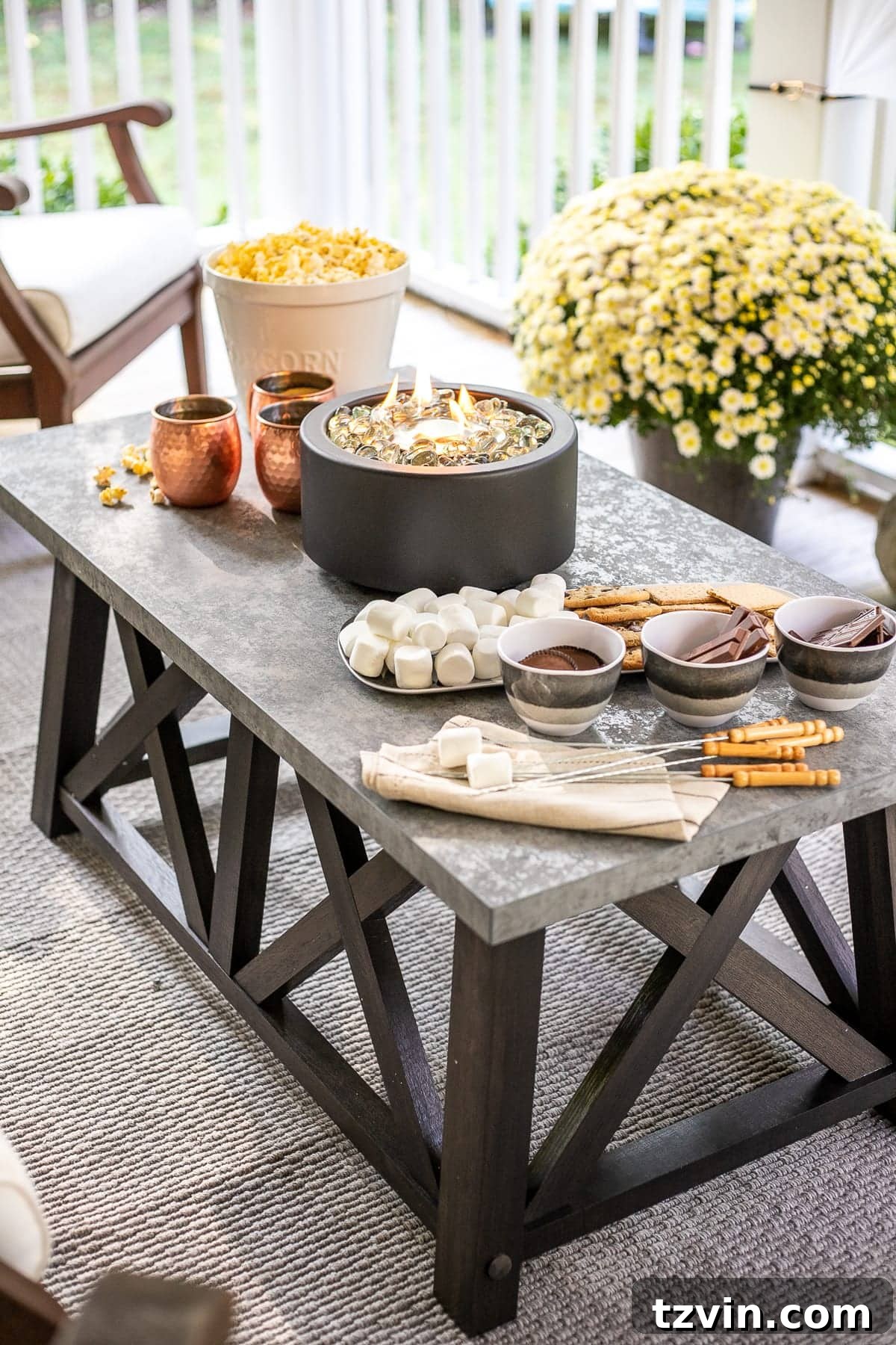 Fall Porch Magic: DIY Outdoor Movie Nights and Smores Bar 7 Finished DIY S'mores Table with fire bowl