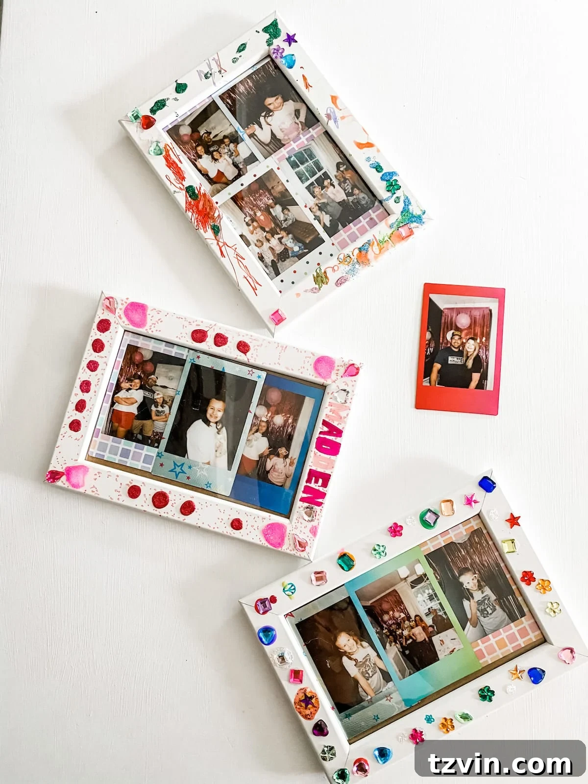 Elevate Small Group Sleepovers With Walmart Plus 5 Kids decorating picture frames with gems, markers, and glitter glue at a sleepover