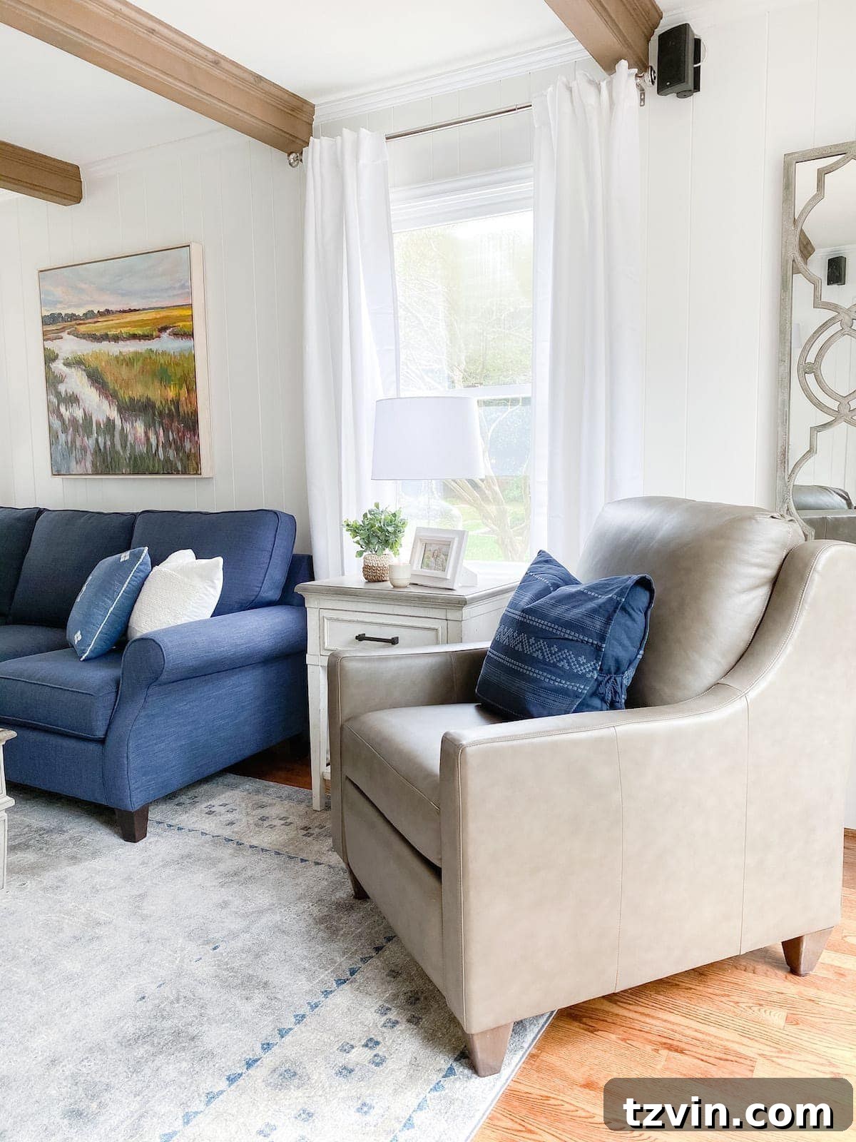 McNay Project Modern Coastal Living Room Tour 11 Magnificent Motion leather recliner in Sierra Toast, appearing as a stylish club chair.
