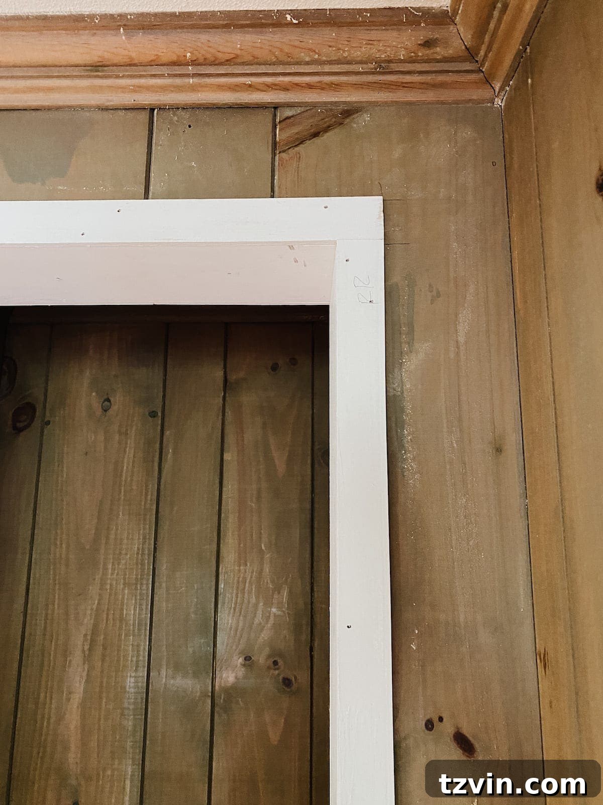 Close-up of the newly framed closet doorway opening