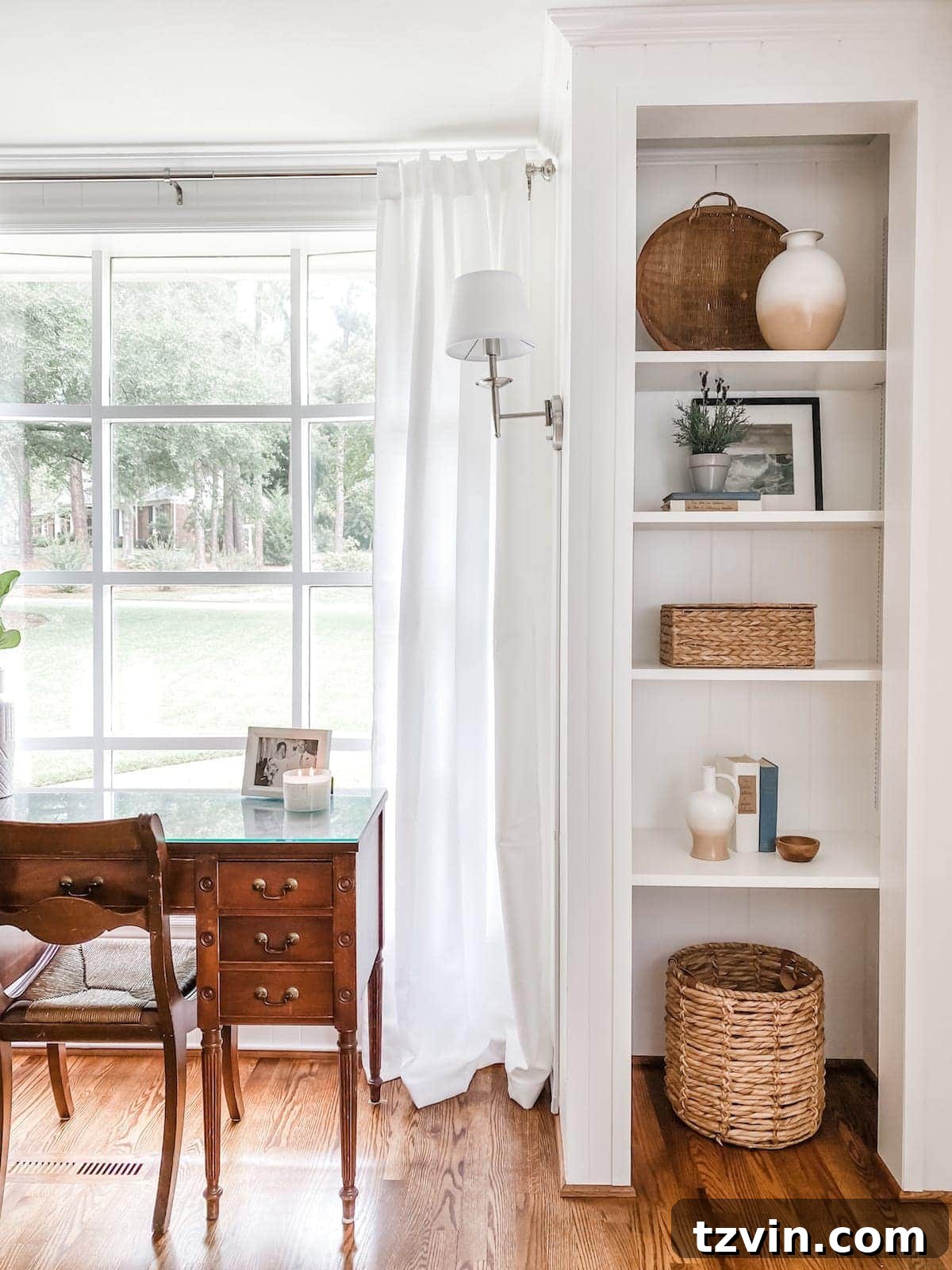 Newly converted closets with built-in shelves in a bright white office setting