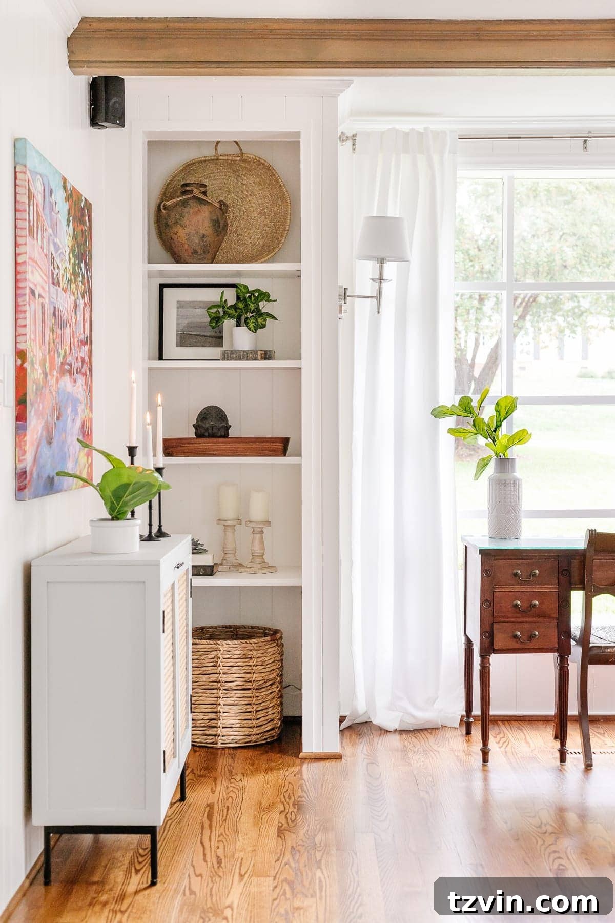 Wide shot of converted closets with built-in shelves in a home office setting