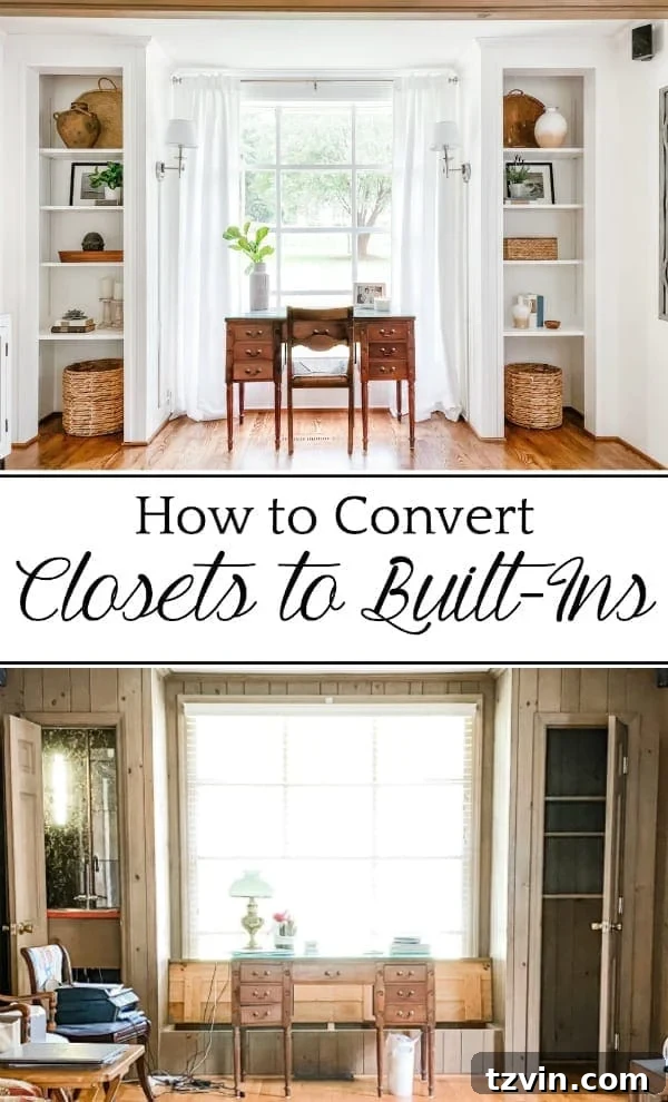 How to Convert Closets to Built-In Shelves: A step-by-step tutorial for converting closets into built-in shelves & a living room office transformation.