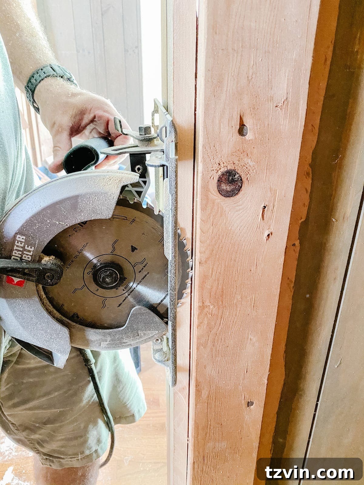 Circular saw cutting open a closet wall for built-in shelving