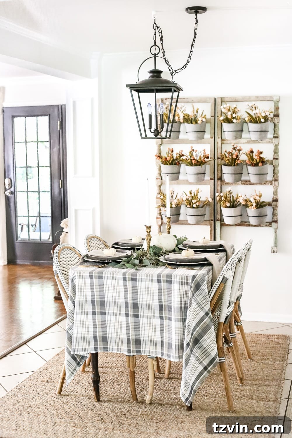 Thrift Store Gems: Your Ultimate Fall Decor Haul 16 fall table with plaid tablecloth and wall planter