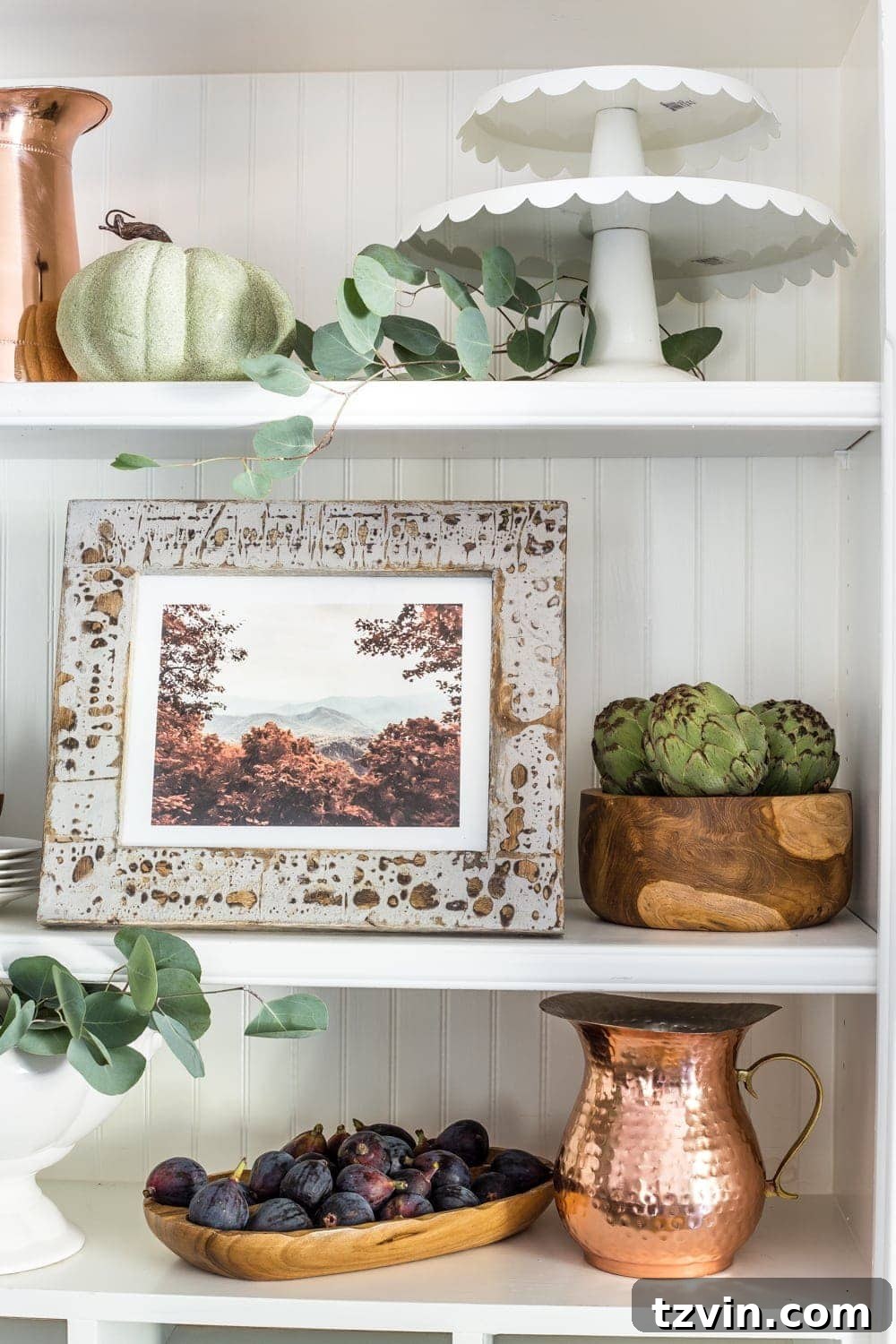 Thrift Store Gems: Your Ultimate Fall Decor Haul 7 fall printable art on kitchen shelves