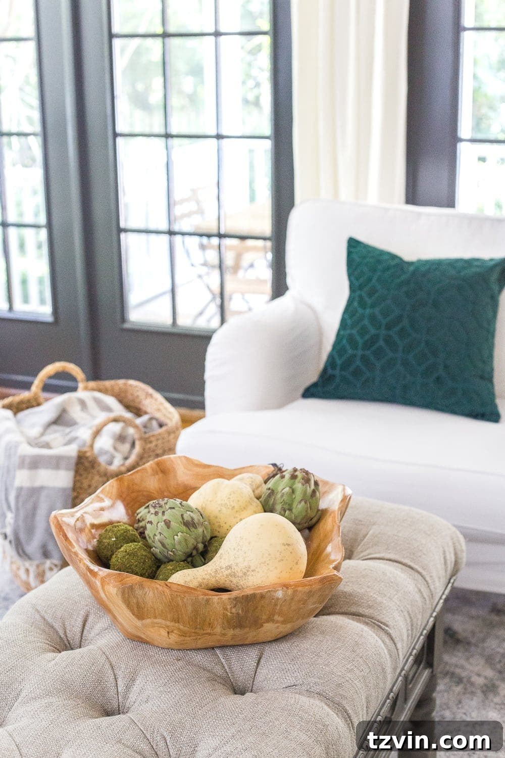 Thrift Store Gems: Your Ultimate Fall Decor Haul 8 wooden bowl of gourds and artichokes on a living room coffee table