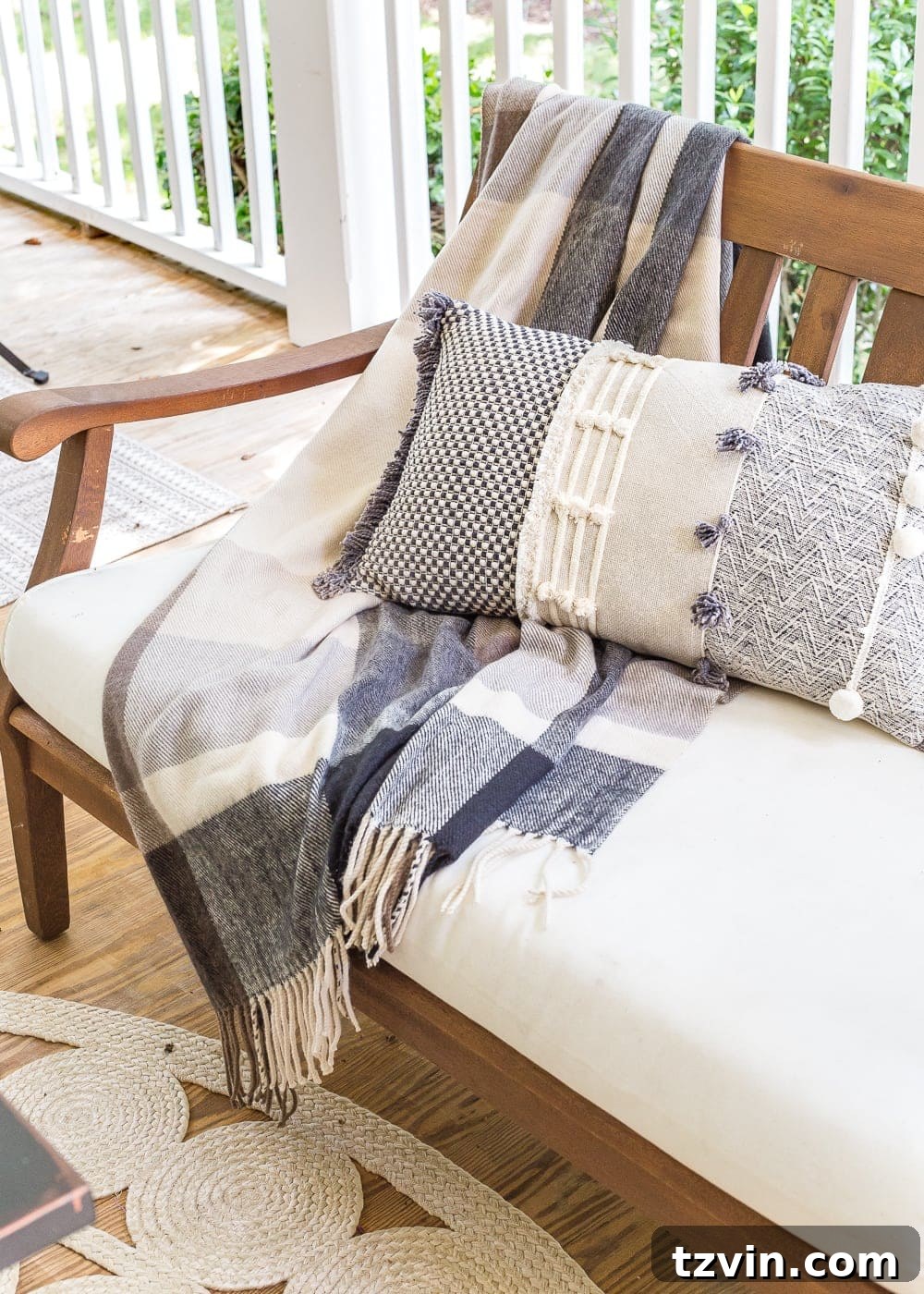 Thrift Store Gems: Your Ultimate Fall Decor Haul 9 plaid throw blanket and pillow on outdoor bench