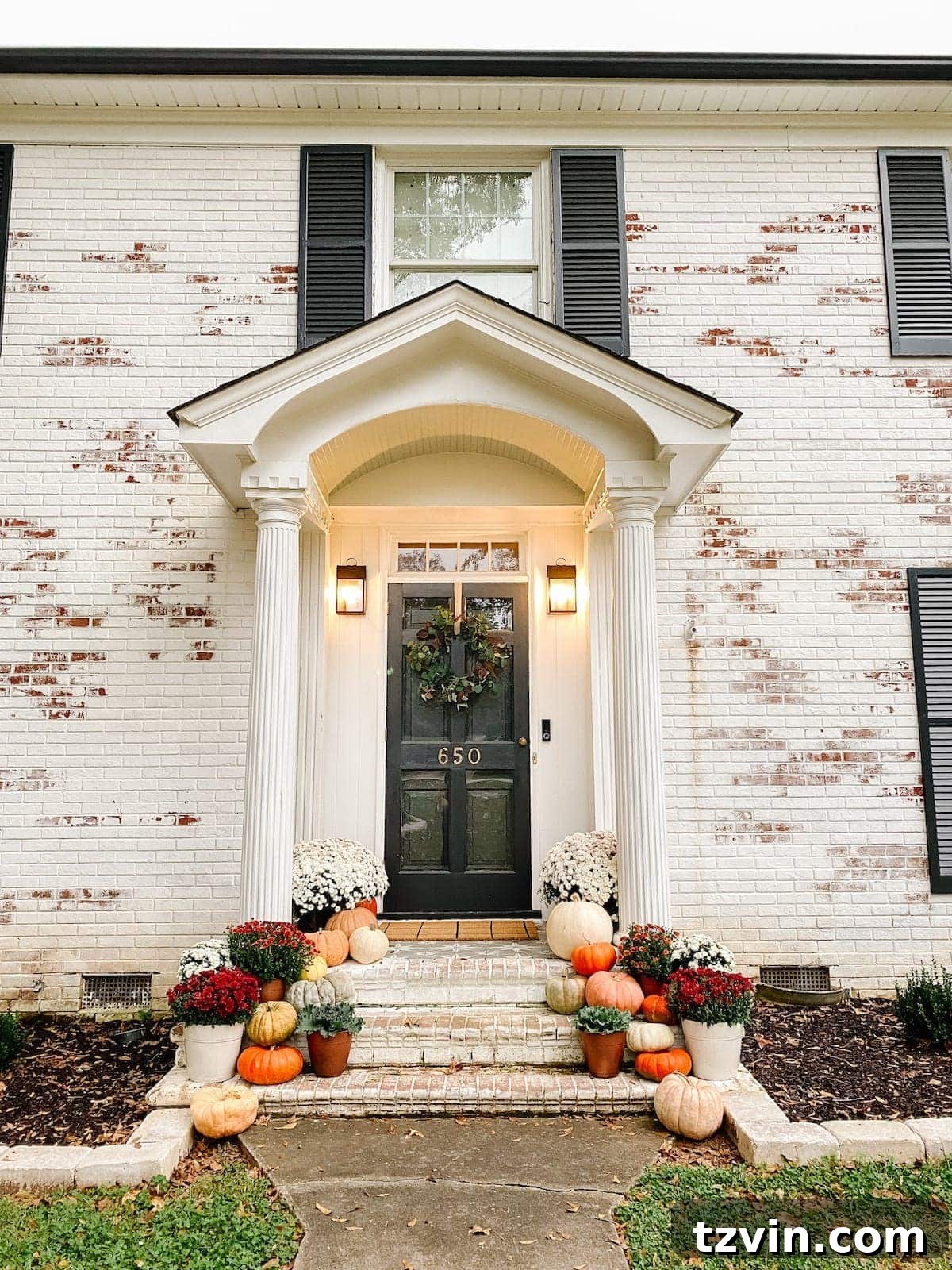 Autumnal Porch Palette 2 Colorful Fall Porch Stoop Decorated with Mums and Pumpkins with Limewashed Brick
