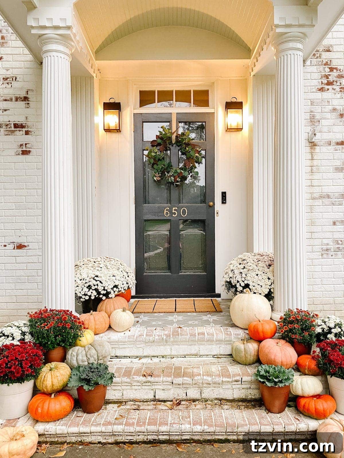 Autumnal Porch Palette 3 Colorful Fall Porch Stoop Decorated with Mums and Pumpkins with Limewashed Brick