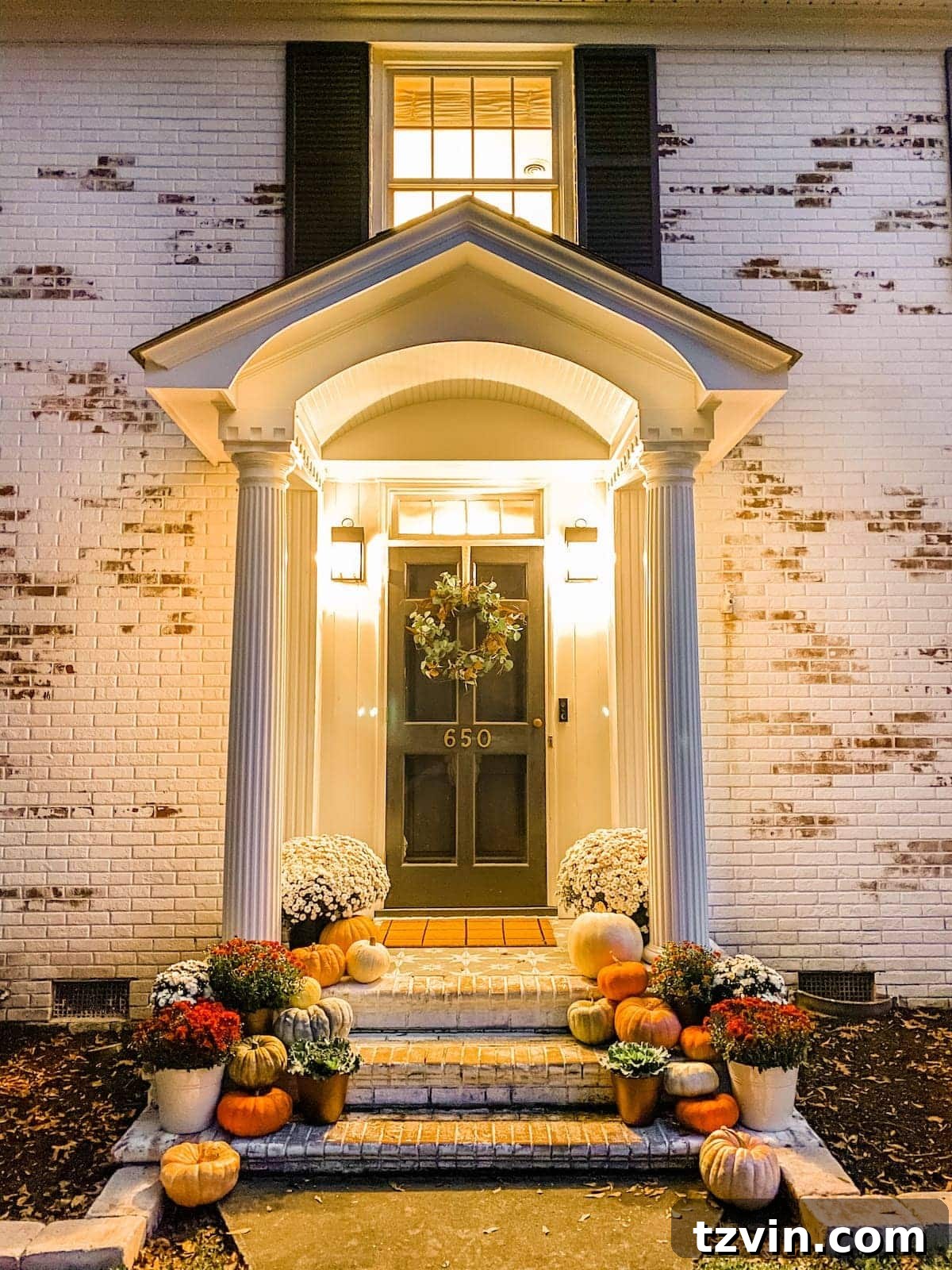 Autumnal Porch Palette 7 fall porch at night with pumpkins and mums and limewashed brick