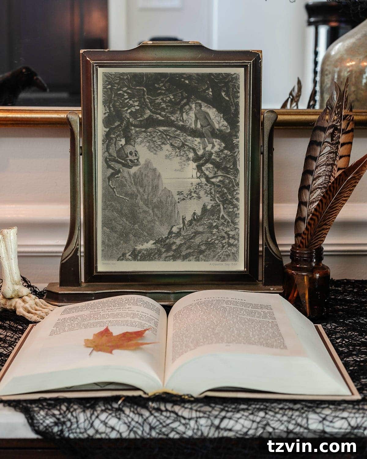 Vintage Halloween printable depicting a classic gothic graveyard scene with tombstones and eerie trees.
