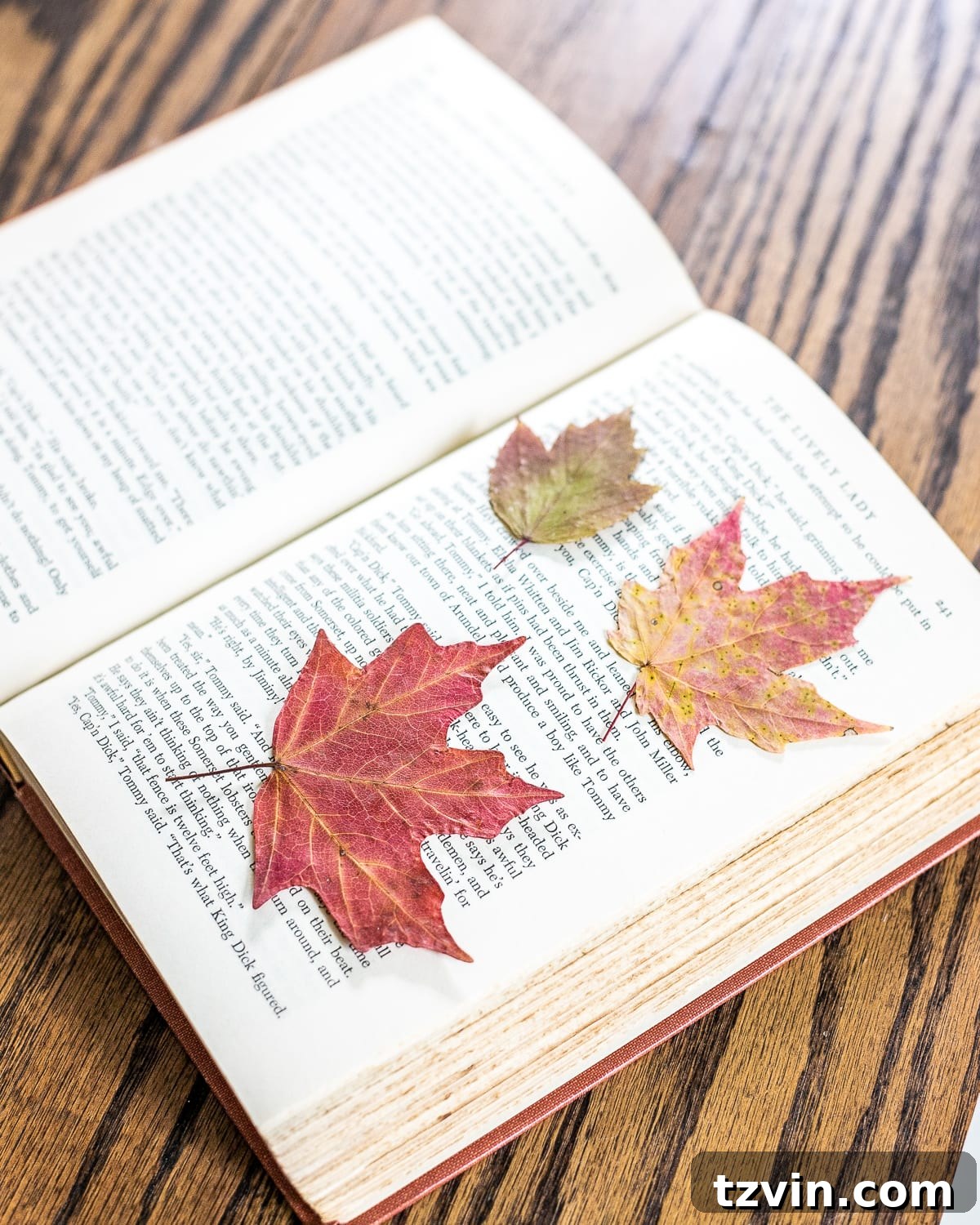 Forever Flowers: Drying and Preserving for Stunning Home Decor 10 fall leaves pressed in a book, demonstrating a classic preservation method