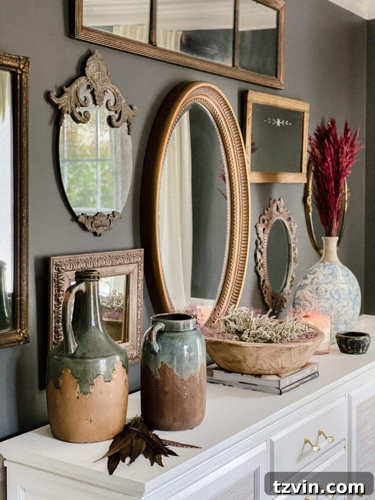 Forever Flowers: Drying and Preserving for Stunning Home Decor 12 dried pampas grass and preserved flowers on a dining room sideboard for fall decor, creating a cozy and inviting atmosphere