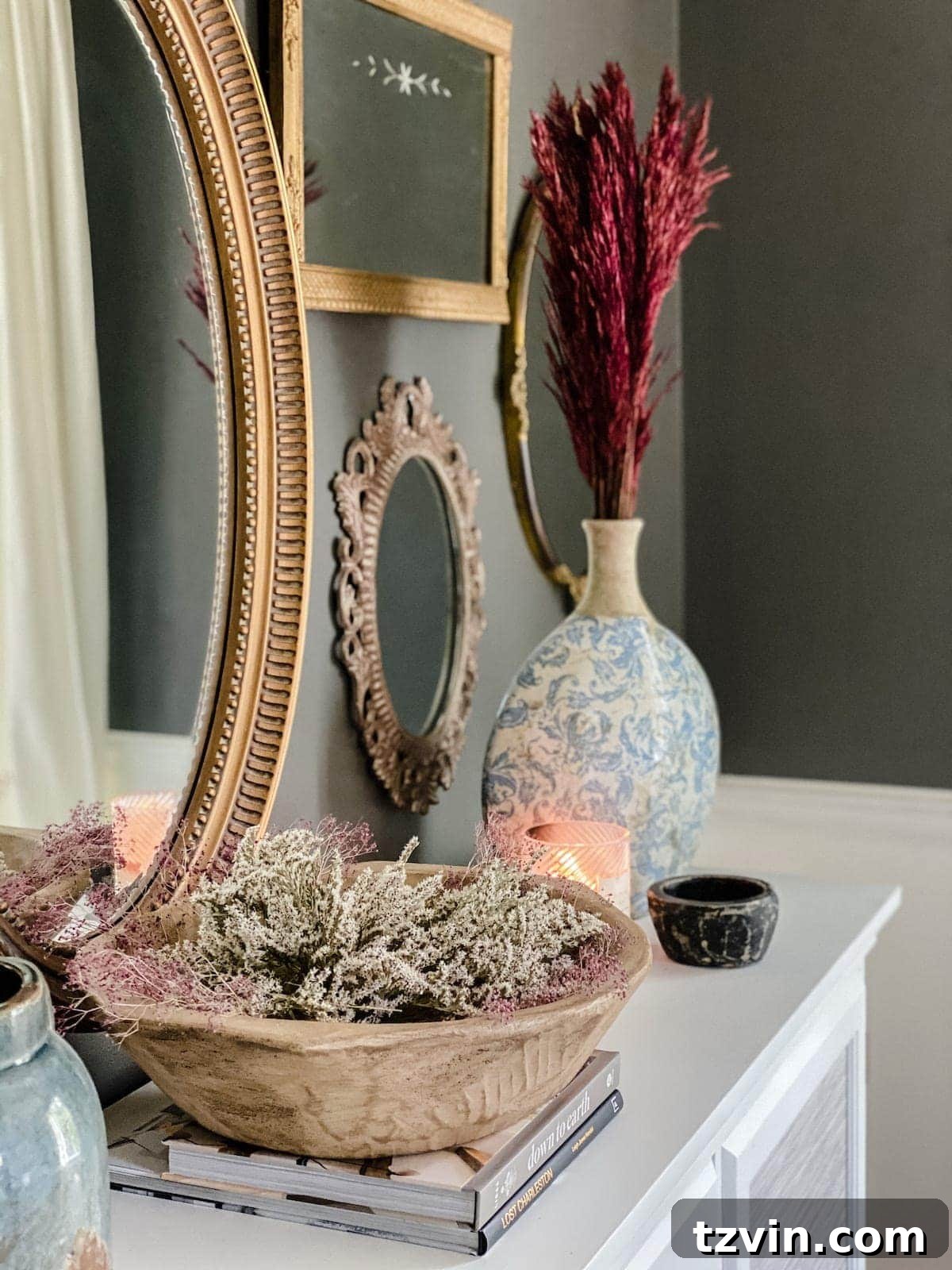 Forever Flowers: Drying and Preserving for Stunning Home Decor 3 preserved flowers in a bowl on a buffet for fall dining room decor, adding rustic charm