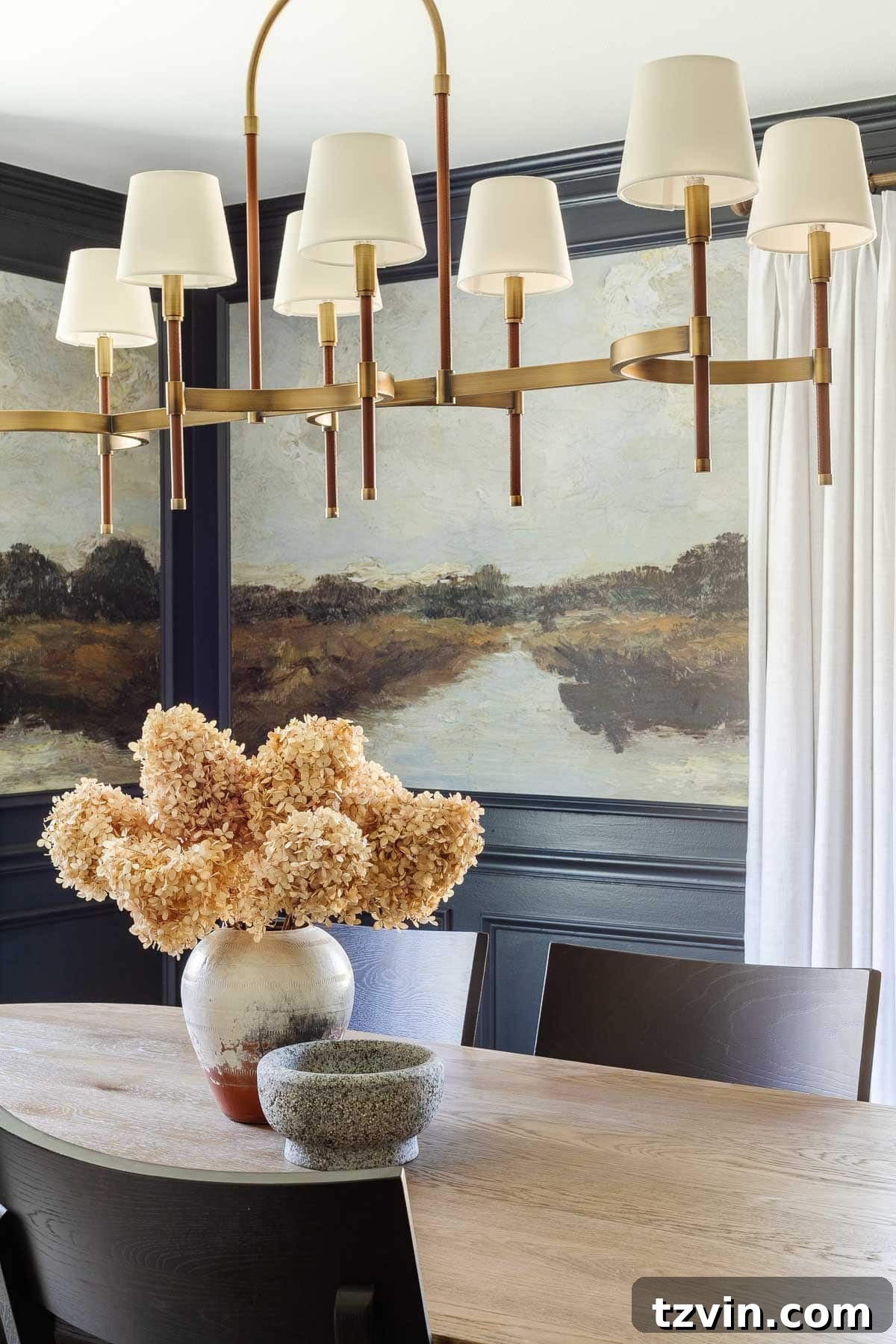 Forever Flowers: Drying and Preserving for Stunning Home Decor 4 preserved hydrangea flowers in a vase on a dining room table for a simple fall centerpiece, creating a serene ambiance