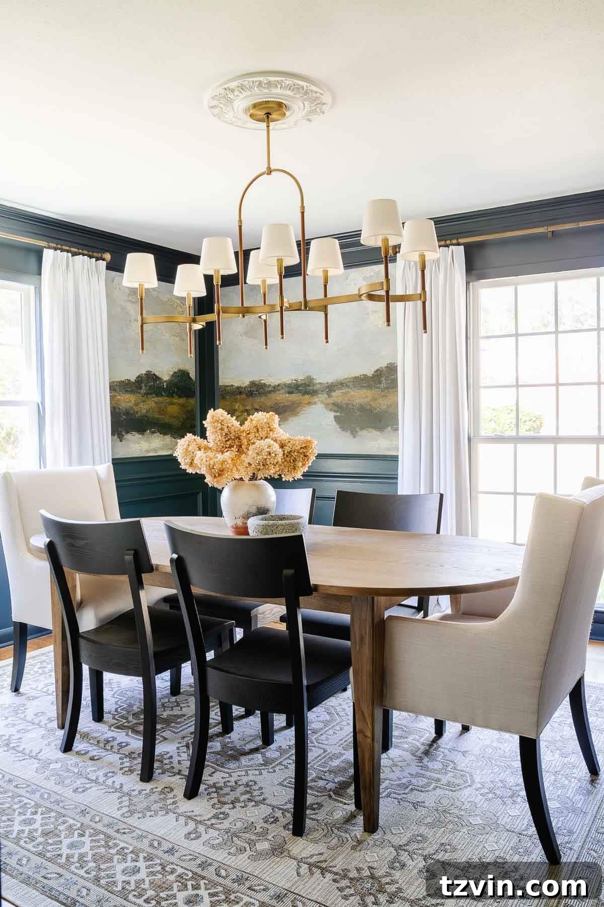 Forever Flowers: Drying and Preserving for Stunning Home Decor 5 dried hydrangeas on a dining table, adding warmth and texture to the space
