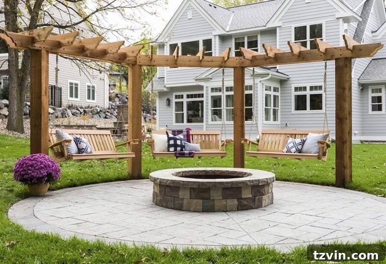 15 Mesmerizing Fire Pit Decor Transformations 15 Unique fire pit design featuring comfortable swings and a pergola