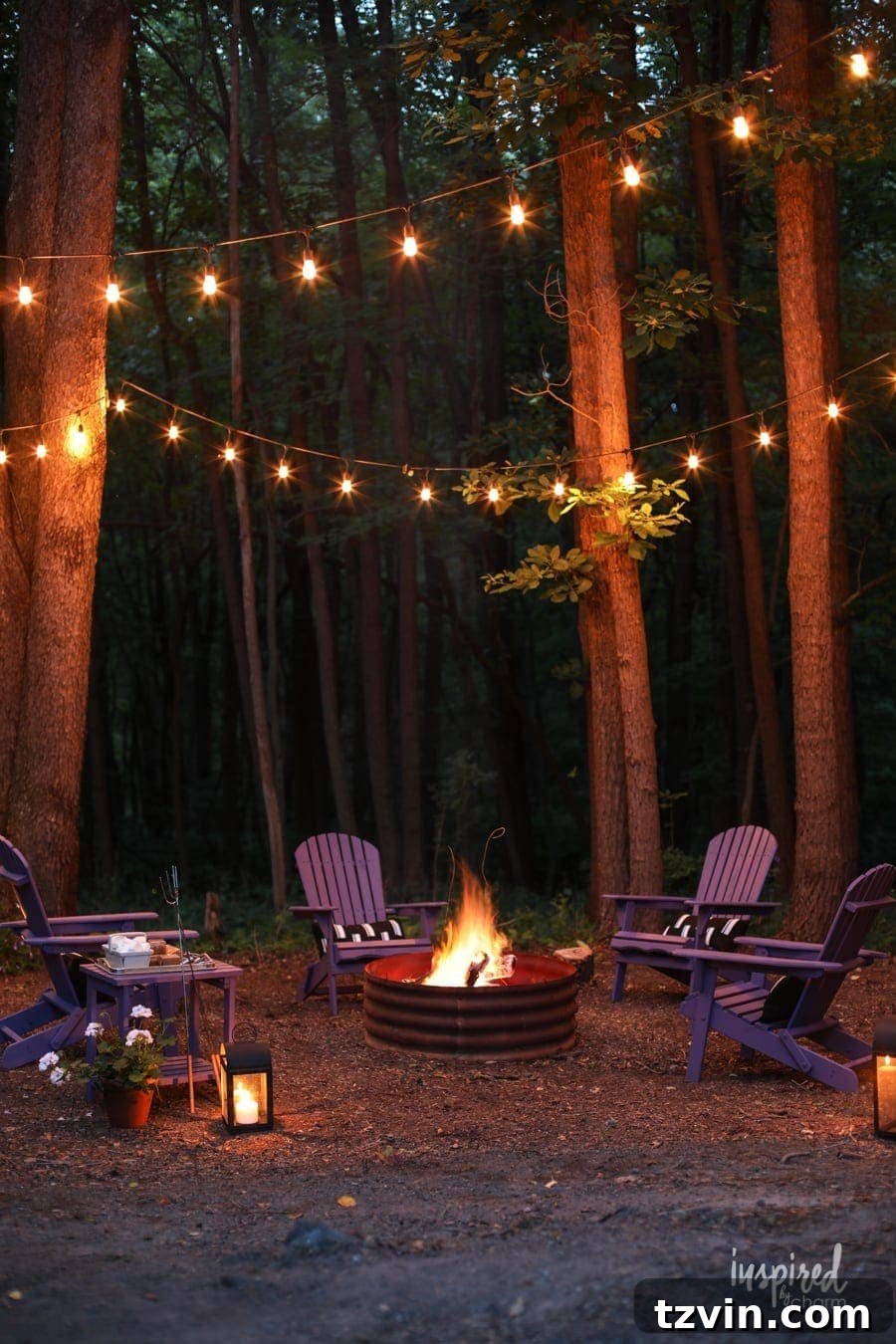 15 Mesmerizing Fire Pit Decor Transformations 17 Simple fire pit with string lights in trees, surrounded by mulch