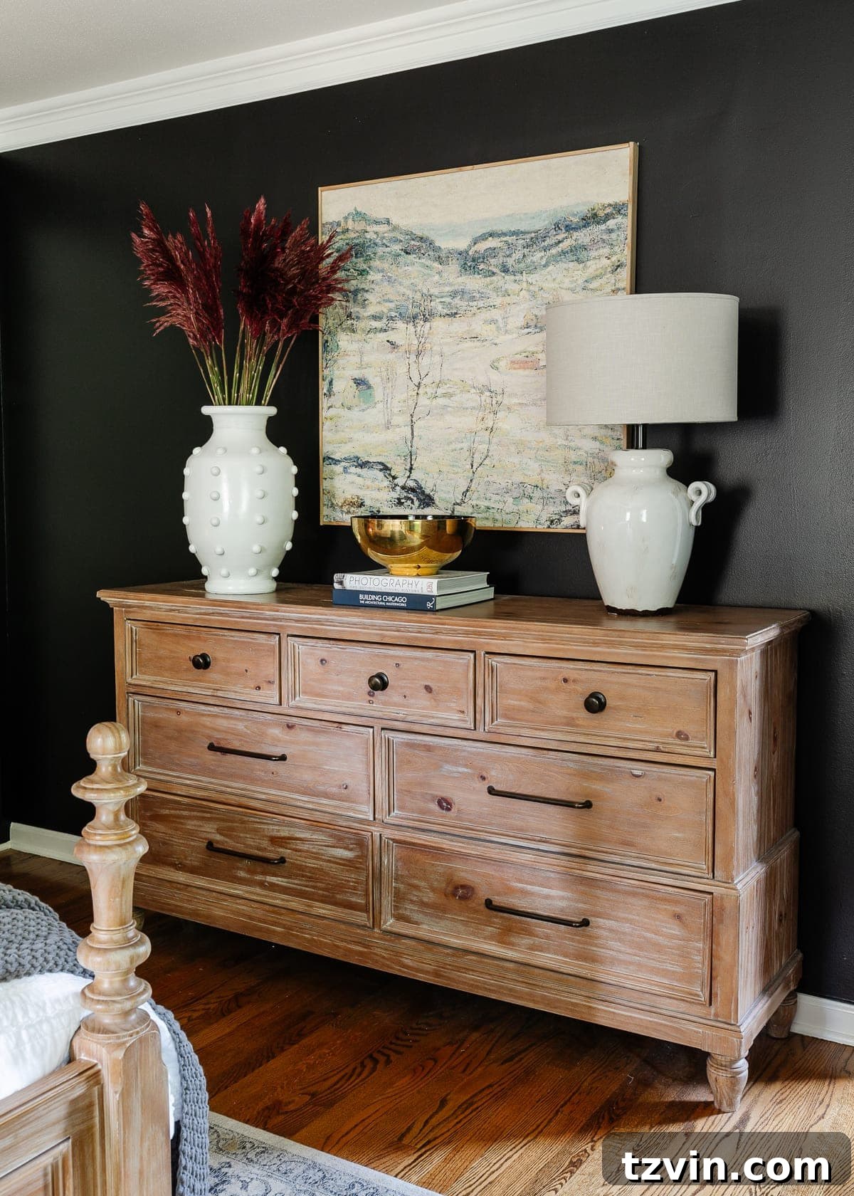 Master bedroom dresser decor with fall dried stems and subtle autumnal accents.
