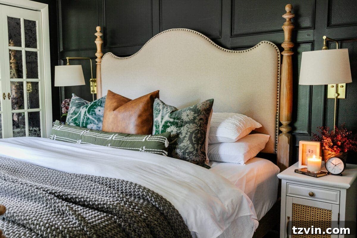 Transform Your Space: The Art of Pairing Throw Pillows 3 Stylishly arranged throw pillows on a bed against a dark wall, highlighting a blend of patterns and textures.