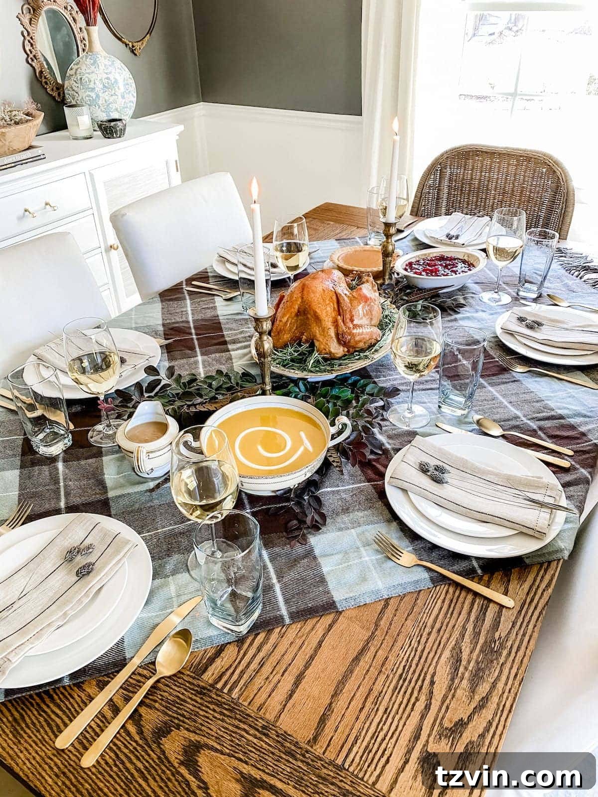 Use a throw blanket as Thanksgiving table decor