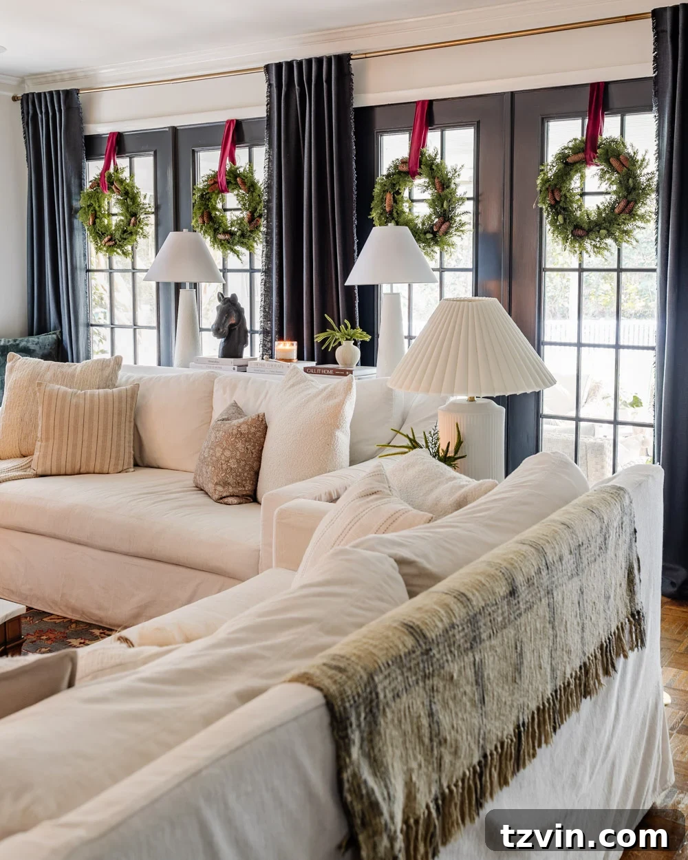 Festive Window Transformation: Wreath Hanging Guide & Black Friday Decor Picks 4 wreaths on windows for Christmas in a living room decor ideas
