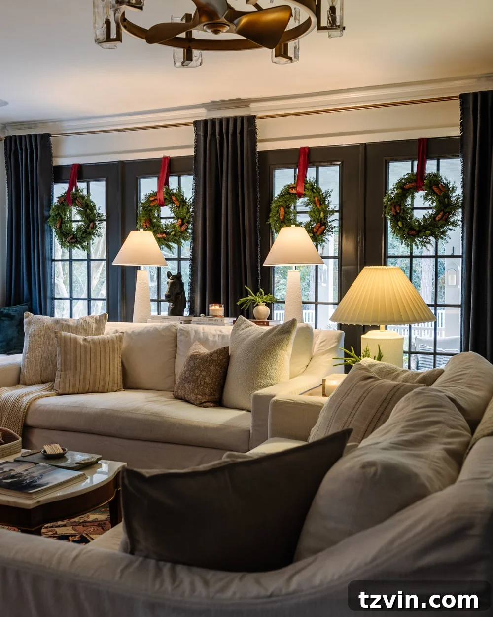Festive Window Transformation: Wreath Hanging Guide & Black Friday Decor Picks 5 hanging window wreaths as elegant living room Christmas decor inspiration