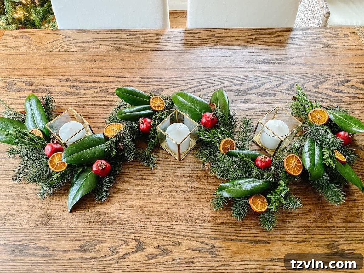 Harvesting Holiday Beauty: Drying Fruit and Preserving Leaves 14 Creating a lavish Christmas garland with magnolia, boxwoods, dried oranges, and rustic pomegranates