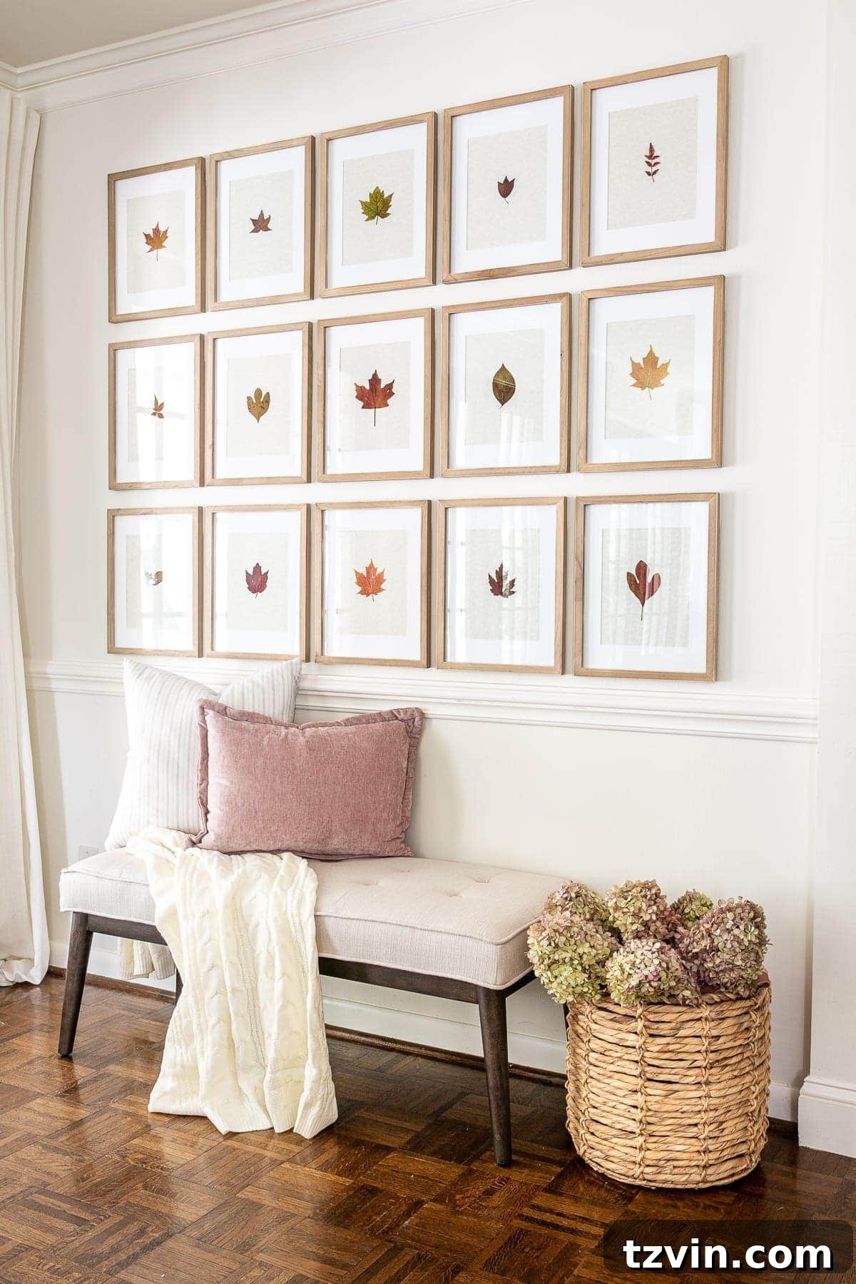 fall wall decor using pressed leaves for art in an entryway