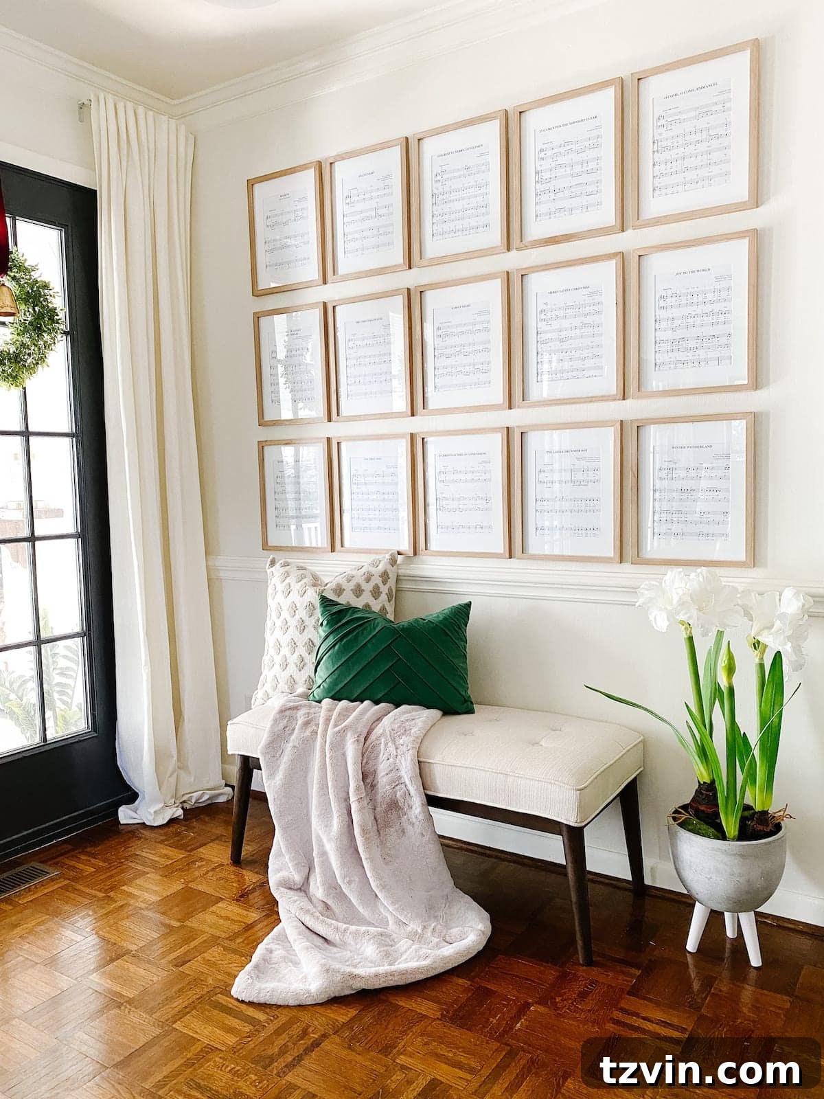 Christmas wall decor using a thrifted book of sheet music