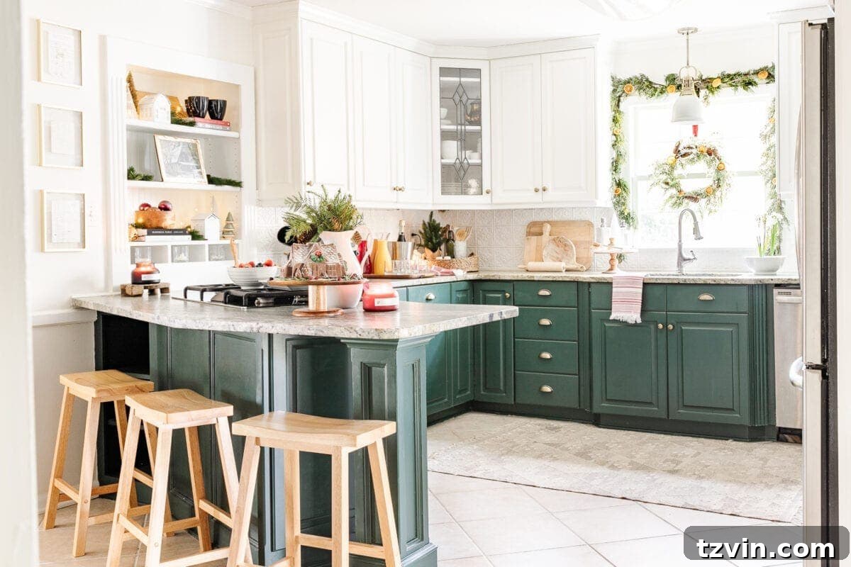 Christmas kitchen decorated in green and white