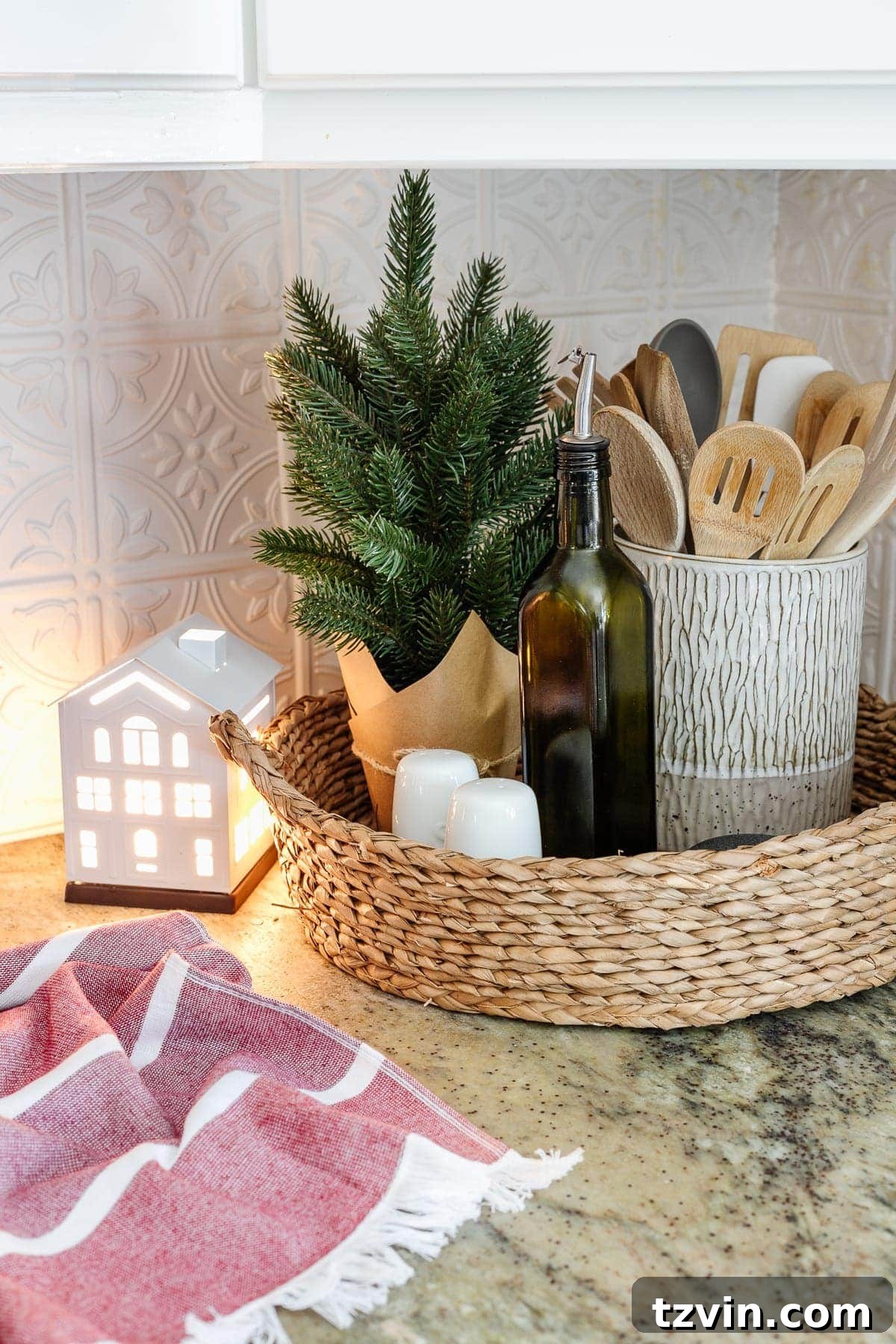 kitchen countertop tray with christmas decor