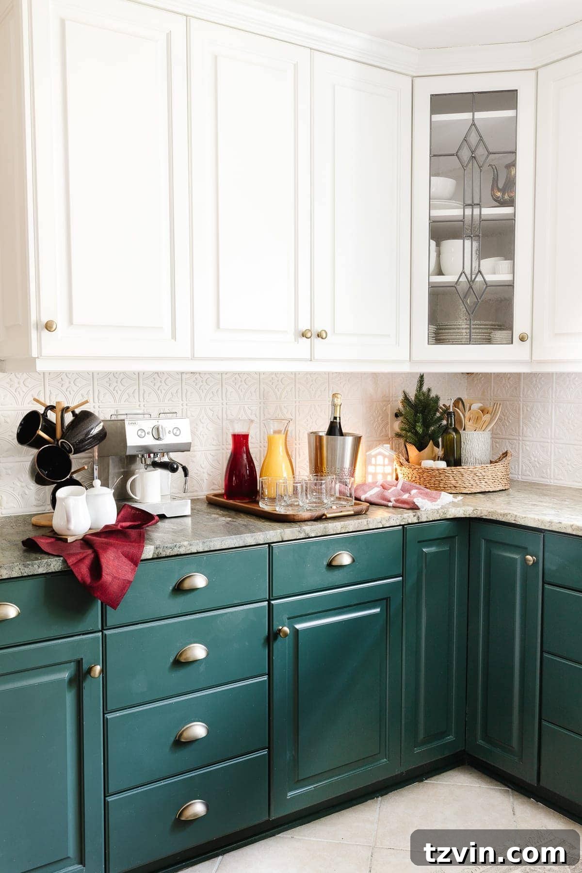 Christmas brunch espresso and mimosa bar on a kitchen countertop