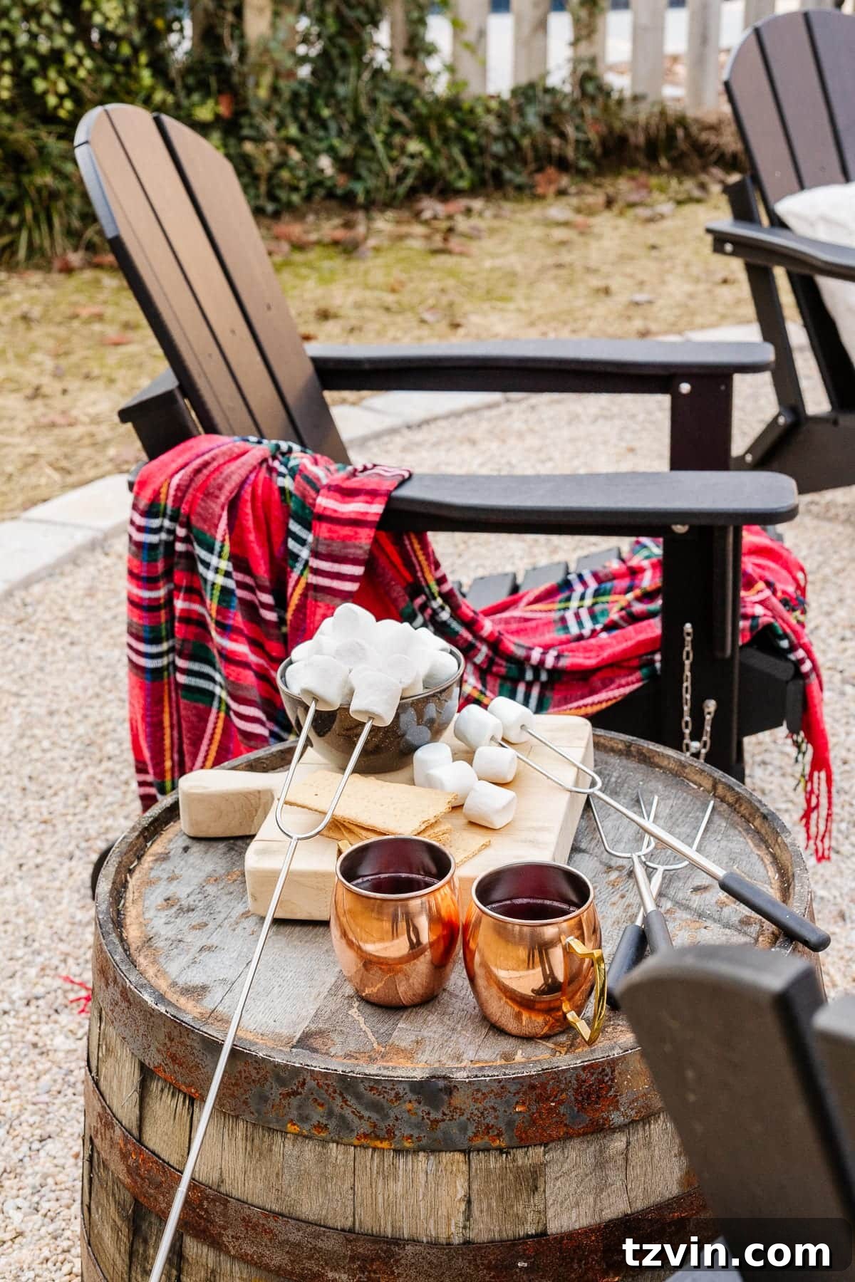 Weekend Pea Gravel Fire Pit: A DIY Build 22 Adirondack chair with barrel side table and s'mores ingredients