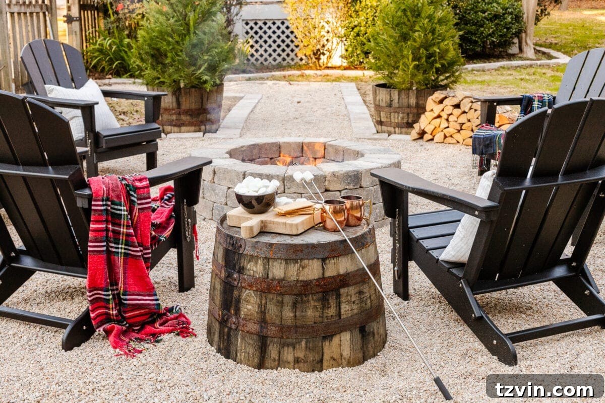 Weekend Pea Gravel Fire Pit: A DIY Build 28 stone diy fire pit with pea gravel, stone edgers, and adirondack chairs with a barrel planter as a side table