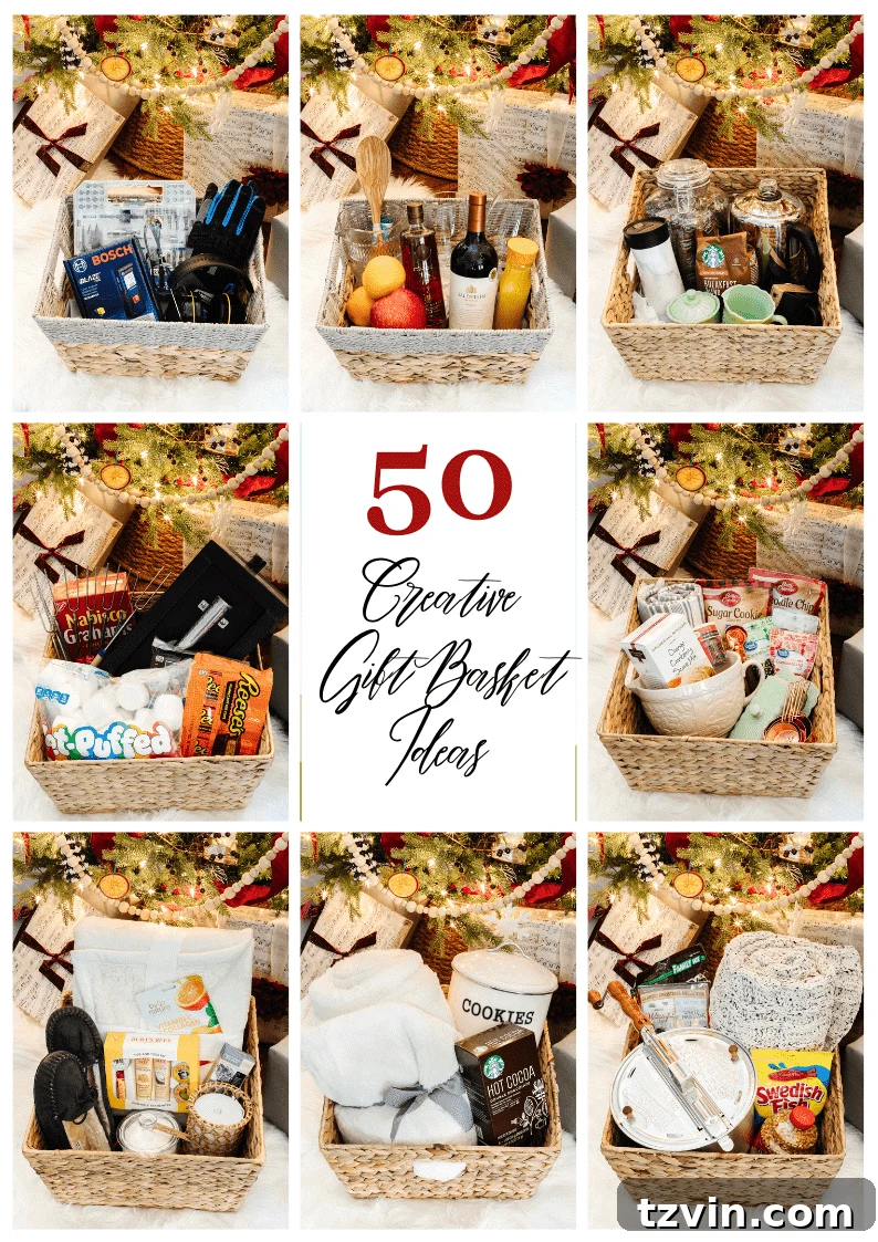 50 Festive Christmas Gift Basket Ideas 2 50 creative gift basket ideas for the homebody, spa lover, DIYer, entertainer, baker, movie lover, and coffee fanatic.