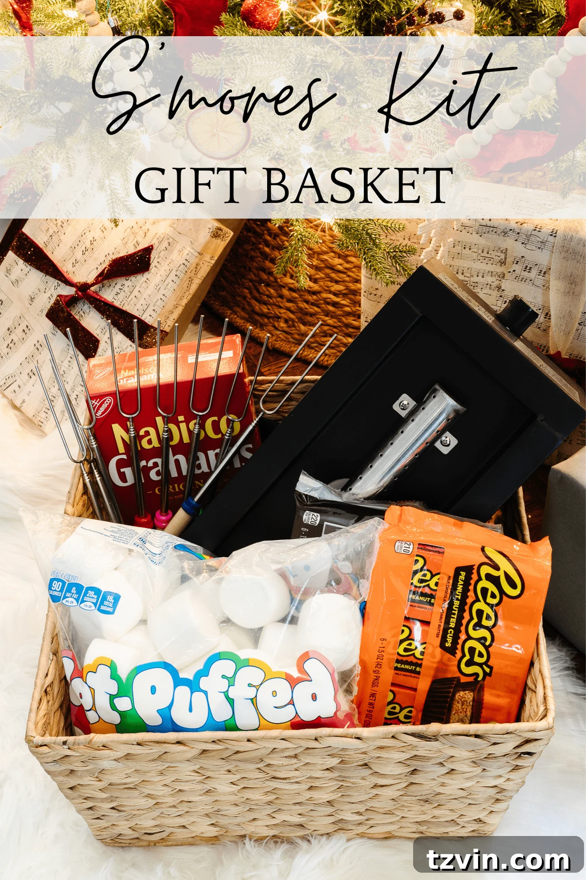 50 Festive Christmas Gift Basket Ideas 7 S'mores Kit Gift Basket with marshmallows, chocolate, and roasting skewers