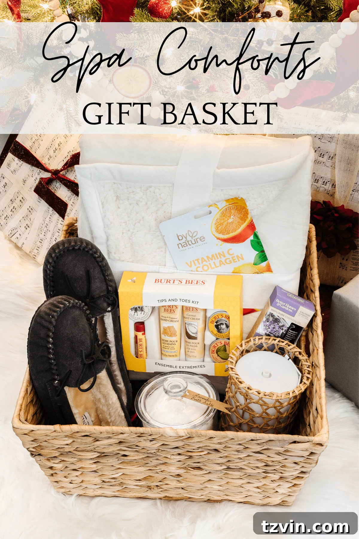 50 Festive Christmas Gift Basket Ideas 8 Spa Gift Set Idea with a throw blanket, slippers, and essential oils